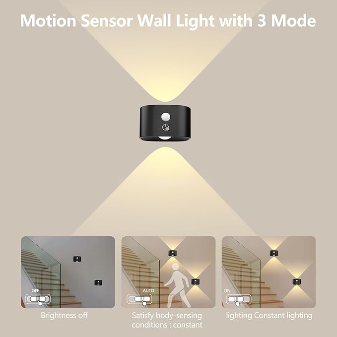 Luminárias de parede com sensor de movimento, luzes noturnas de parede LED sem fio, rotação de 360° e bateria recarregável, 3 níveis de brilho, lâmpadas de parede com detecção de movimento para interiores, corredor de fotos